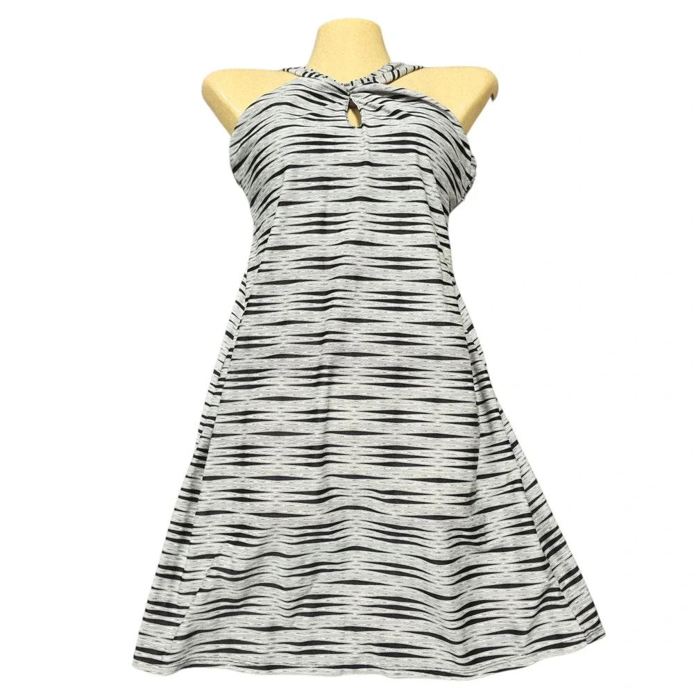ATHLETA Dress XS Halter Top Gray Black Striped Sleeveless Casual Mini Swim Dress
